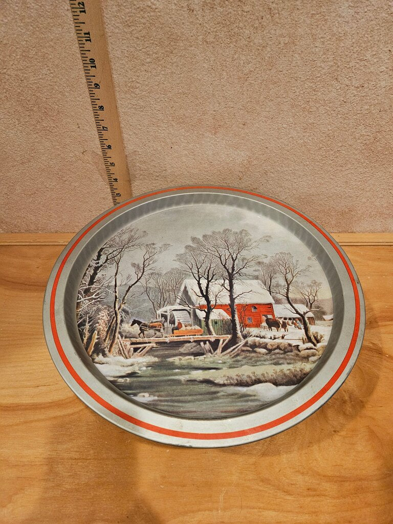 Vintage Metal Serving Tray with Winter Scene