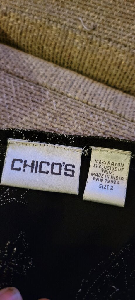 Chico's Black Rayon Top with Intricate Design