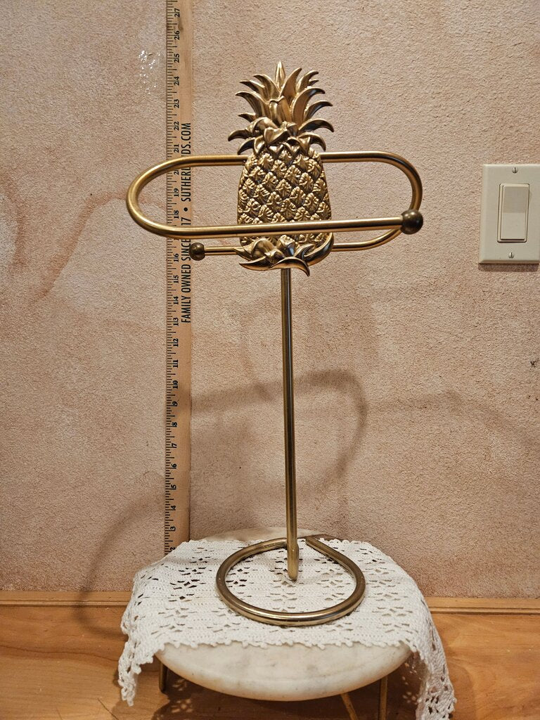 Vintage Free Standing Gilded Brass Pineapple Guest Double Bar Towel Holder Gold Pineapple Hollywood Regency Brass Guest Towel