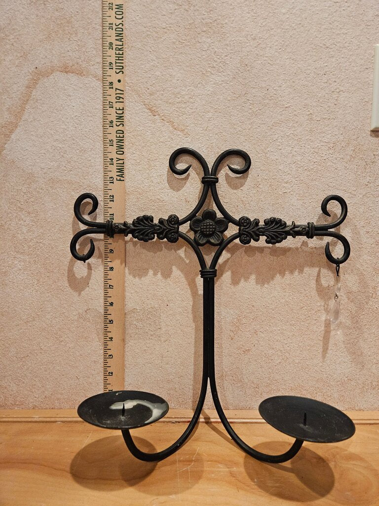 Vintage Gothic Black Cast Wrought Iron dual Pillar Candle Holder Wall Mount Scrolled Elegant Black Metal Candle Holder
