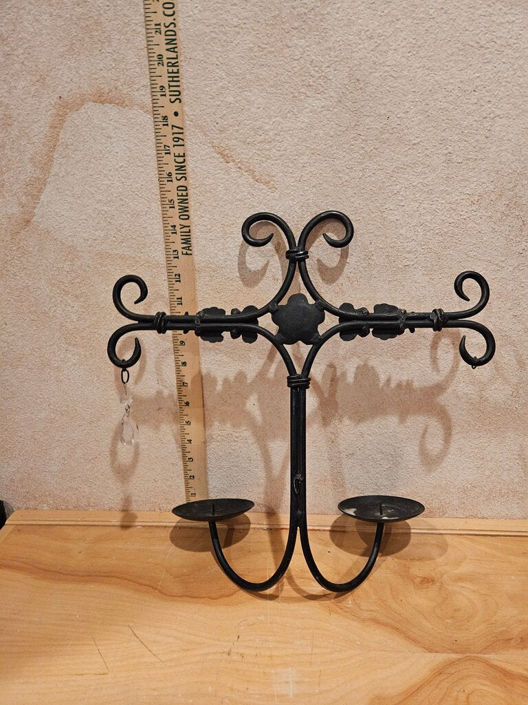 Vintage Gothic Black Cast Wrought Iron dual Pillar Candle Holder Wall Mount Scrolled Elegant Black Metal Candle Holder