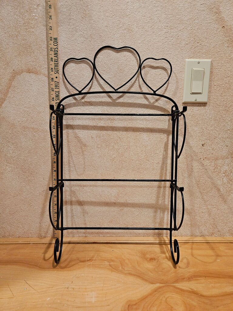 Unique Black Wrought Iron Wire Wall Rack w Heart Shaped Motifs Wire wall hanging Organizer / Wall Foldup Shelf Farmhouse Country Granny Core Grandmacore