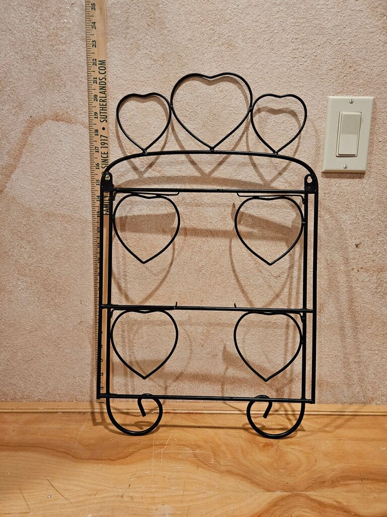 Unique Black Wrought Iron Wire Wall Rack w Heart Shaped Motifs Wire wall hanging Organizer / Wall Foldup Shelf Farmhouse Country Granny Core Grandmacore