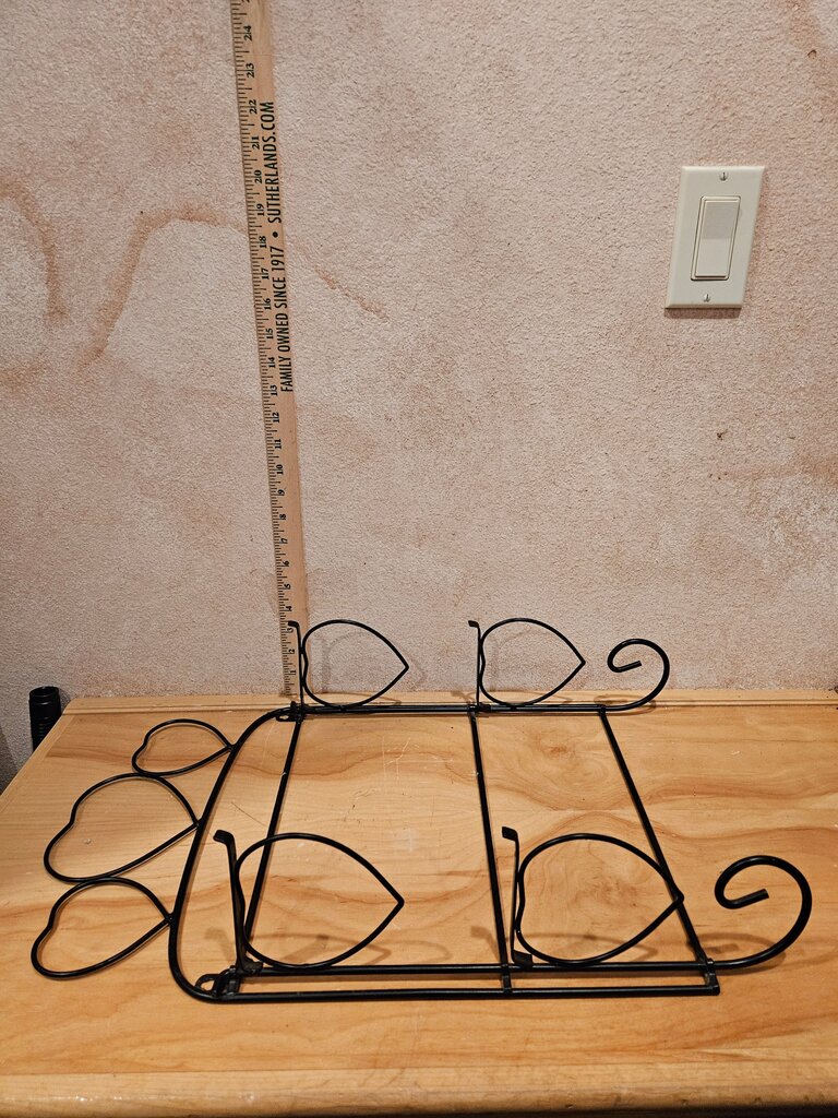 Unique Black Wrought Iron Wire Wall Rack w Heart Shaped Motifs Wire wall hanging Organizer / Wall Foldup Shelf Farmhouse Country Granny Core Grandmacore