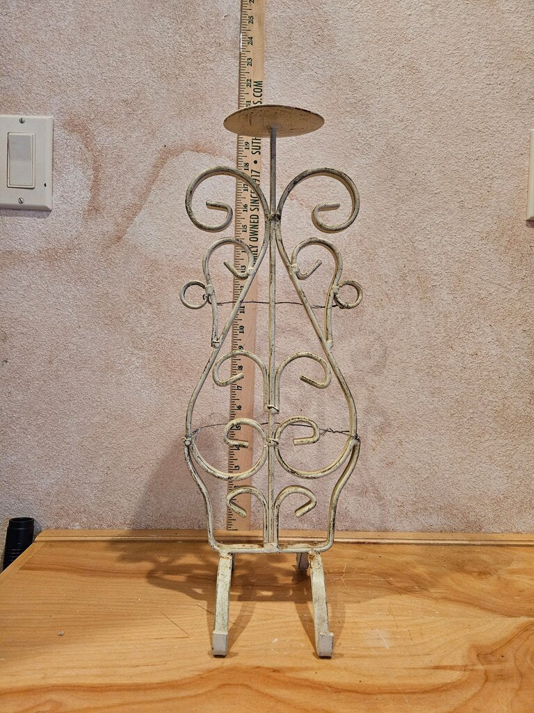 Vintage White Chippy Paint Farmhouse Scroll Wrought Iron Style Metal Pillar Candle Holder