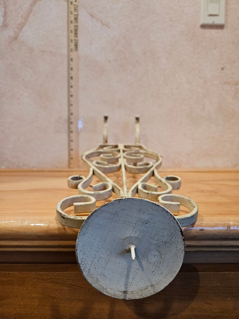 Vintage White Chippy Paint Farmhouse Scroll Wrought Iron Style Metal Pillar Candle Holder