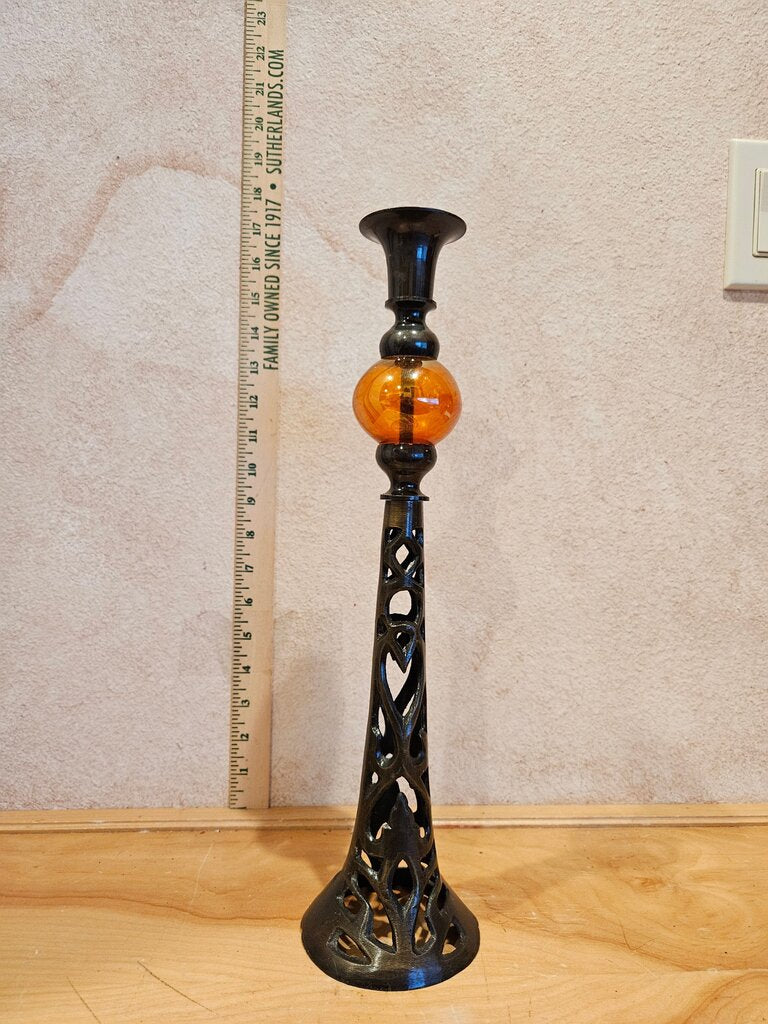 Vintage Gothic Black Punched Forged Metal Tall Candle Holder w Blown Iridescent Amber Glass Accent Sphere