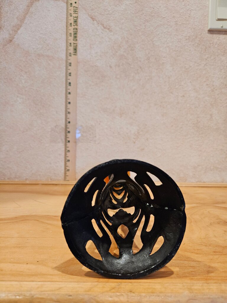 Vintage Gothic Black Punched Forged Metal Tall Candle Holder w Blown Iridescent Amber Glass Accent Sphere