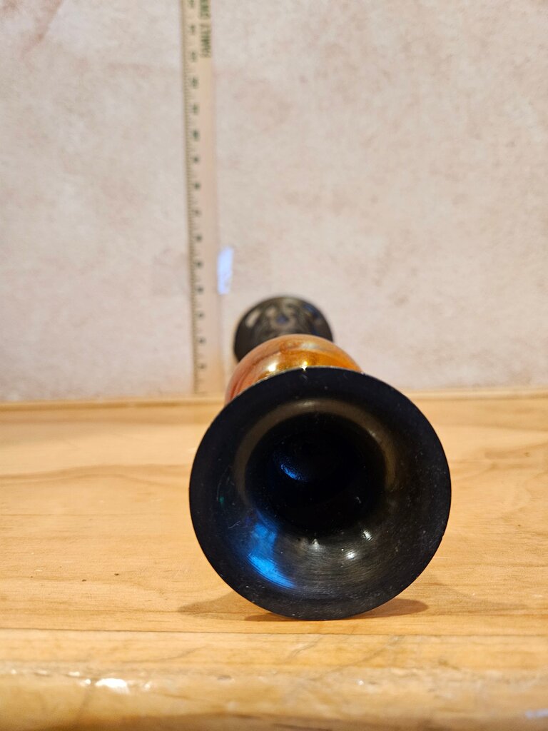 Vintage Gothic Black Punched Forged Metal Tall Candle Holder w Blown Iridescent Amber Glass Accent Sphere