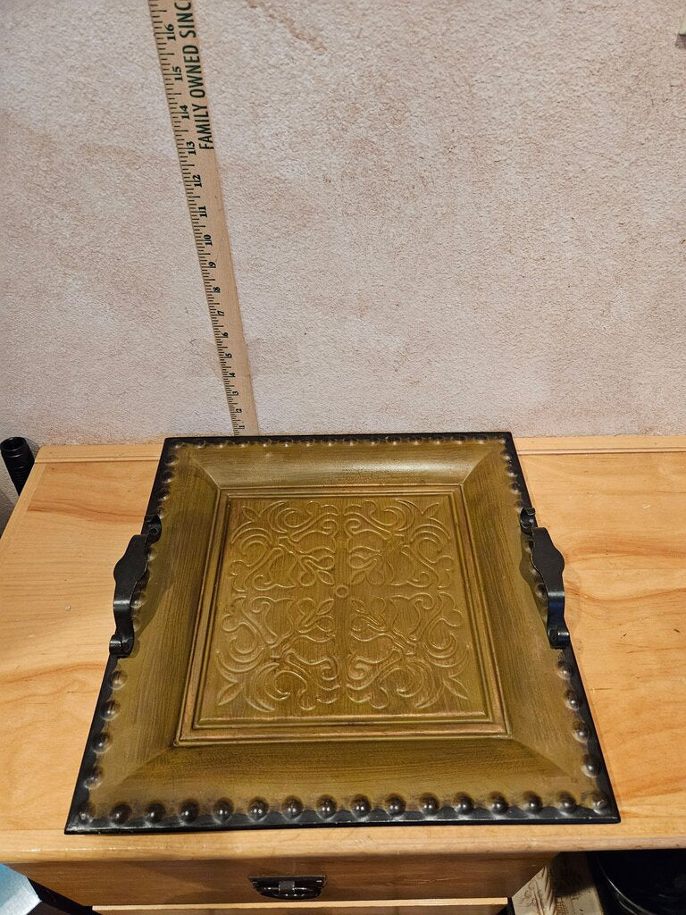 Large Vintage Square Antique Gold Metal Tray w Handles Decorative Serving Tray display table decor