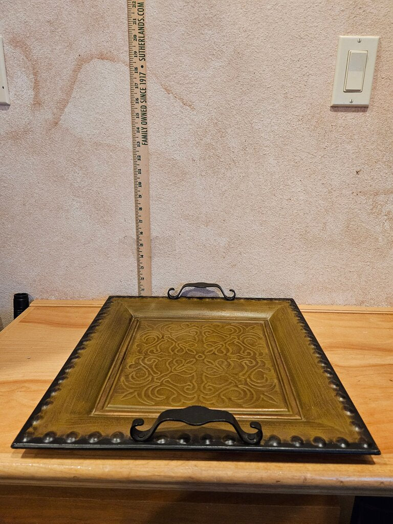 Large Vintage Square Antique Gold Metal Tray w Handles Decorative Serving Tray display table decor