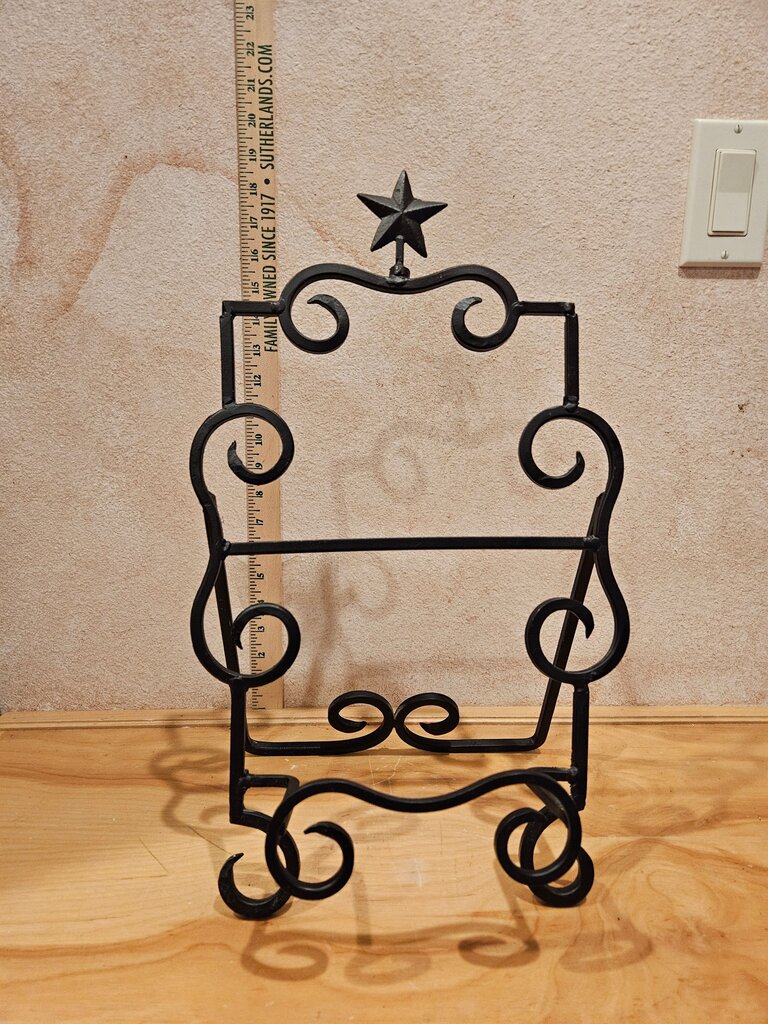 Black wrought Iron Display Stand w Star Curly Tabletop Book Easel or Picture Stand Decorative Black Iron bible art print display