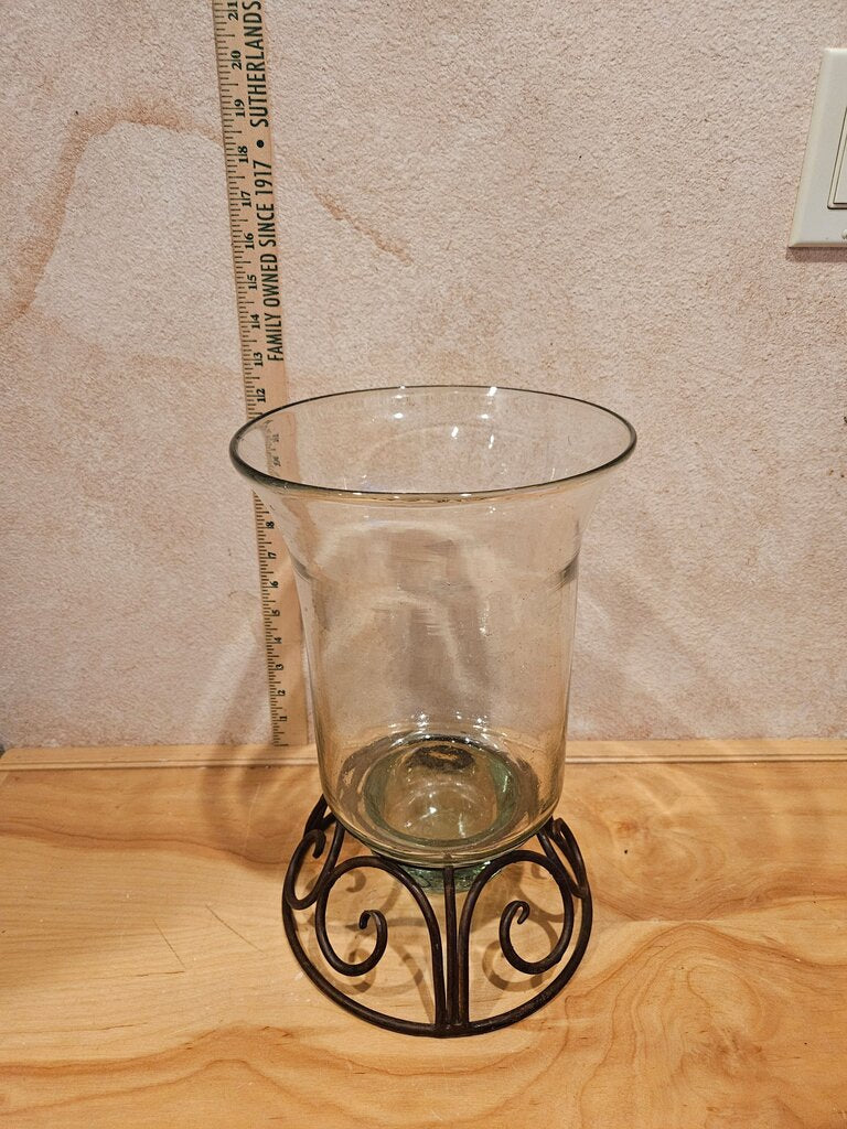 Decorative Green Tint Hand Blown Glass Vase w Scrolled Metal Base Pillar Candle Hurricane Display Wedding Centerpiece Table decor
