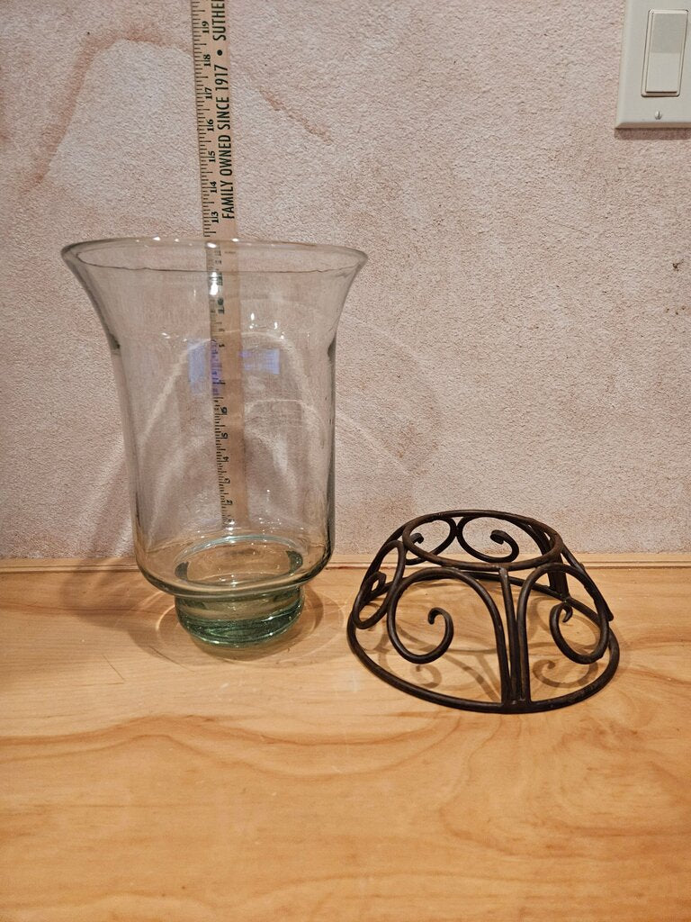Decorative Green Tint Hand Blown Glass Vase w Scrolled Metal Base Pillar Candle Hurricane Display Wedding Centerpiece Table decor