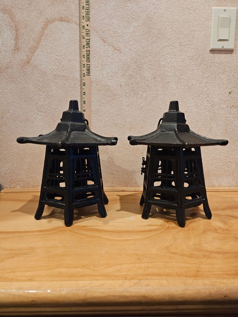 Vintage Single (2 shown) Cast Iron Japanese Hanging Bamboo Pagoda Lantern Candle Holder
