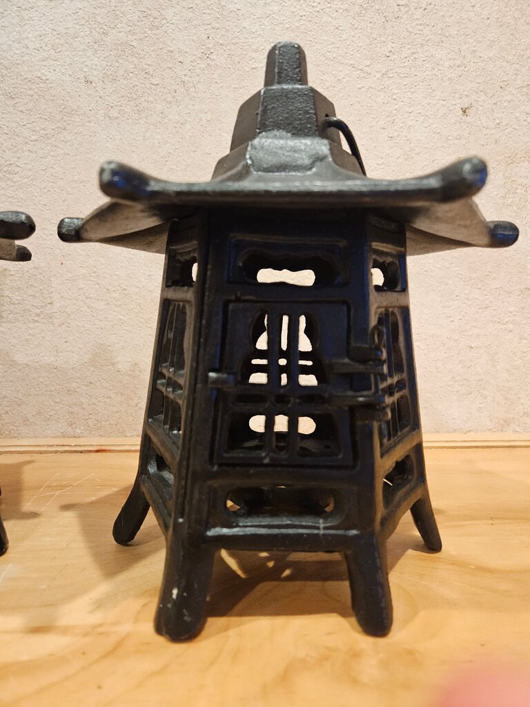 Vintage Single (2 shown) Cast Iron Japanese Hanging Bamboo Pagoda Lantern Candle Holder