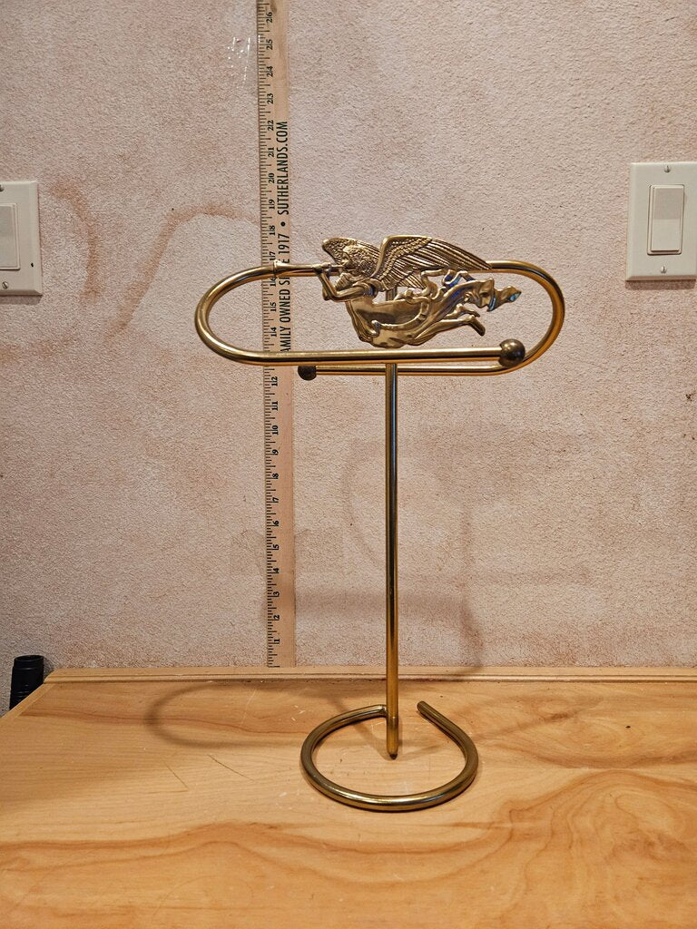 Vintage Free Standing Gilded Brass Trumpeting Angel Guest Double Bar Towel Holder Gold Hollywood Regency Vanity Guest Towel
