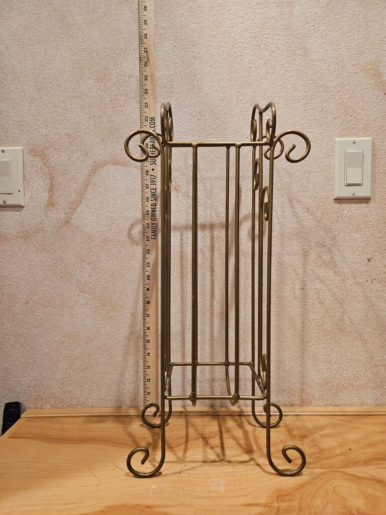 Vintage Brass / Bronze Painted Metal Toilet paper Scrolled Rack Mid Century Modern Hollywood Regency Design upcycle to Towel Vanity Holder, rolled blanket basket, umbrella rack bathroom / home organizer