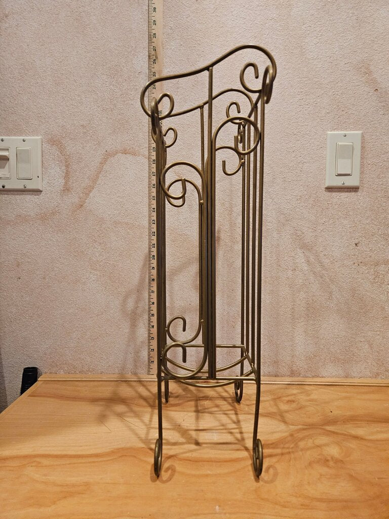 Vintage Brass / Bronze Painted Metal Toilet paper Scrolled Rack Mid Century Modern Hollywood Regency Design upcycle to Towel Vanity Holder, rolled blanket basket, umbrella rack bathroom / home organizer