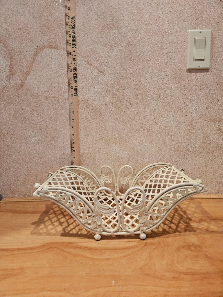 Ornate French Country Style Distressed Metal Flower nick-nack fruit bowl egg holder ornate footed Basket w/ Woven Wicker Lattice Weave Decorative table farmhouse chic decor