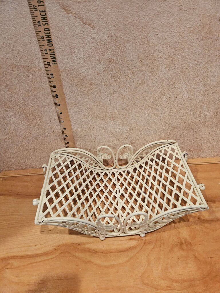 Ornate French Country Style Distressed Metal Flower nick-nack fruit bowl egg holder ornate footed Basket w/ Woven Wicker Lattice Weave Decorative table farmhouse chic decor