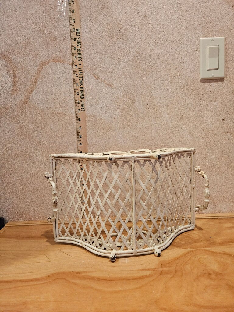 Ornate French Country Style Distressed Metal Flower nick-nack fruit bowl egg holder ornate footed Basket w/ Woven Wicker Lattice Weave Decorative table farmhouse chic decor