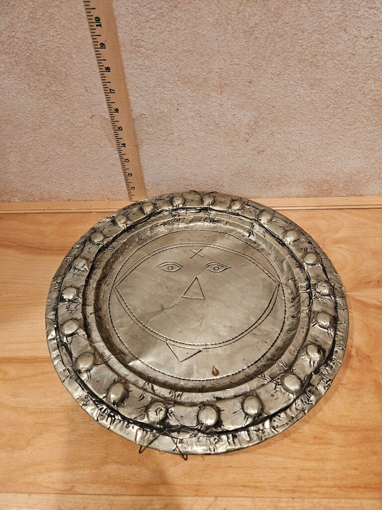 Unique Rare Decorative Arts & Craft Brutalist Metal Plate w Pablo Picasso Clock Face Design Wall Art, serving platter, art deco display