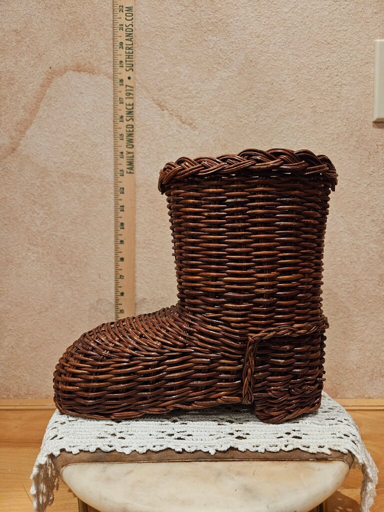 Vintage Woven Wicker Boot Shaped Basket Planter /Dry Flower Arrangement or centerpiece display