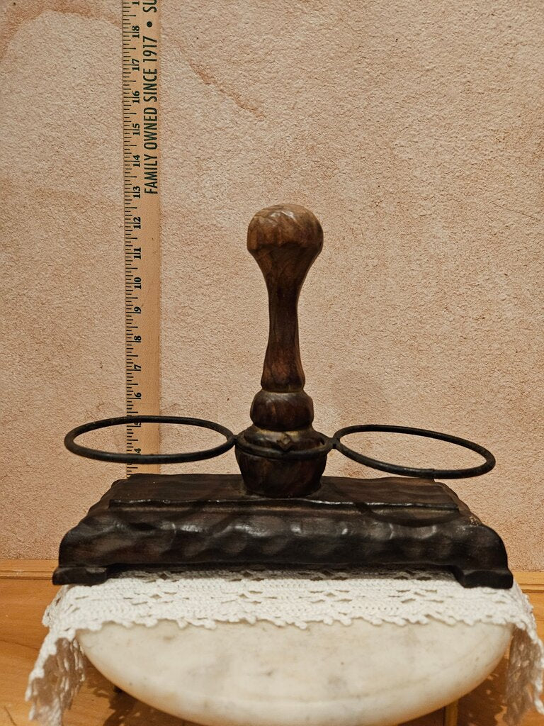 Vintage Unique Hand Carved Brutalist as is Wooden Jar / condiment Holders w wrought iron Metal Rings & handle Rustic cabin tableware