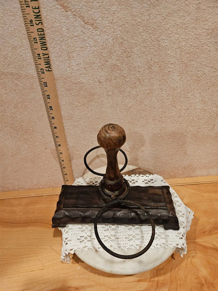 Vintage Unique Hand Carved Brutalist as is Wooden Jar / condiment Holders w wrought iron Metal Rings & handle Rustic cabin tableware