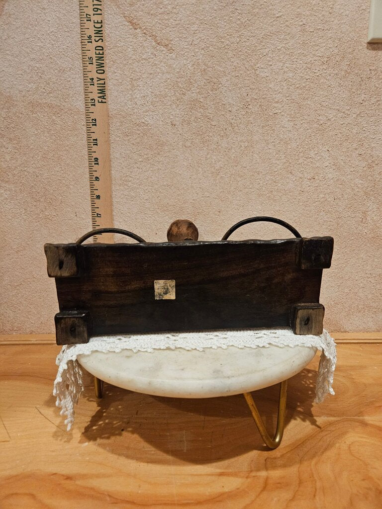 Vintage Unique Hand Carved Brutalist as is Wooden Jar / condiment Holders w wrought iron Metal Rings & handle Rustic cabin tableware