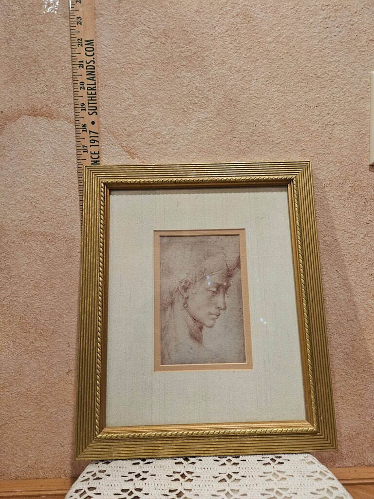 Vintage Lithograph Framed "A Female Portrait" by Michelangelo Buonarroti Framed Artistic Print of Profile Sketch