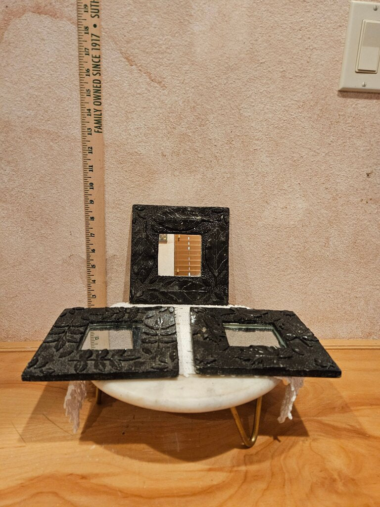 Vintage Set of three plaster square leaf Framed Mirrors w Black Leaf Design & velvet backing wall mount