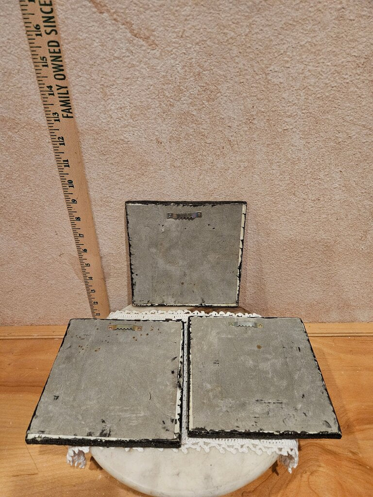 Vintage Set of three plaster square leaf Framed Mirrors w Black Leaf Design & velvet backing wall mount