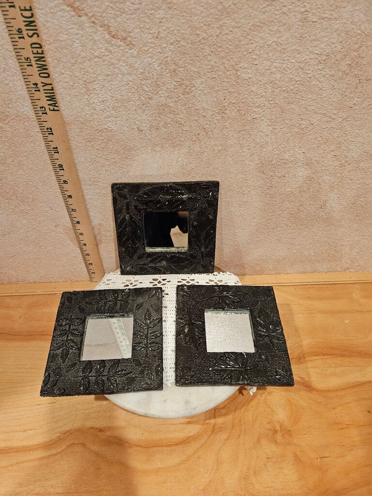Vintage Set of three plaster square leaf Framed Mirrors w Black Leaf Design & velvet backing wall mount