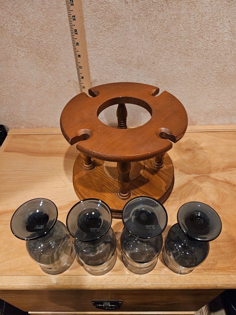 MCM Vintage Mid Century (glasses sold separate) Goodwood Genuine Wood Wine Bottle Holder & Glass Caddy Grandma Granny Cottage Core