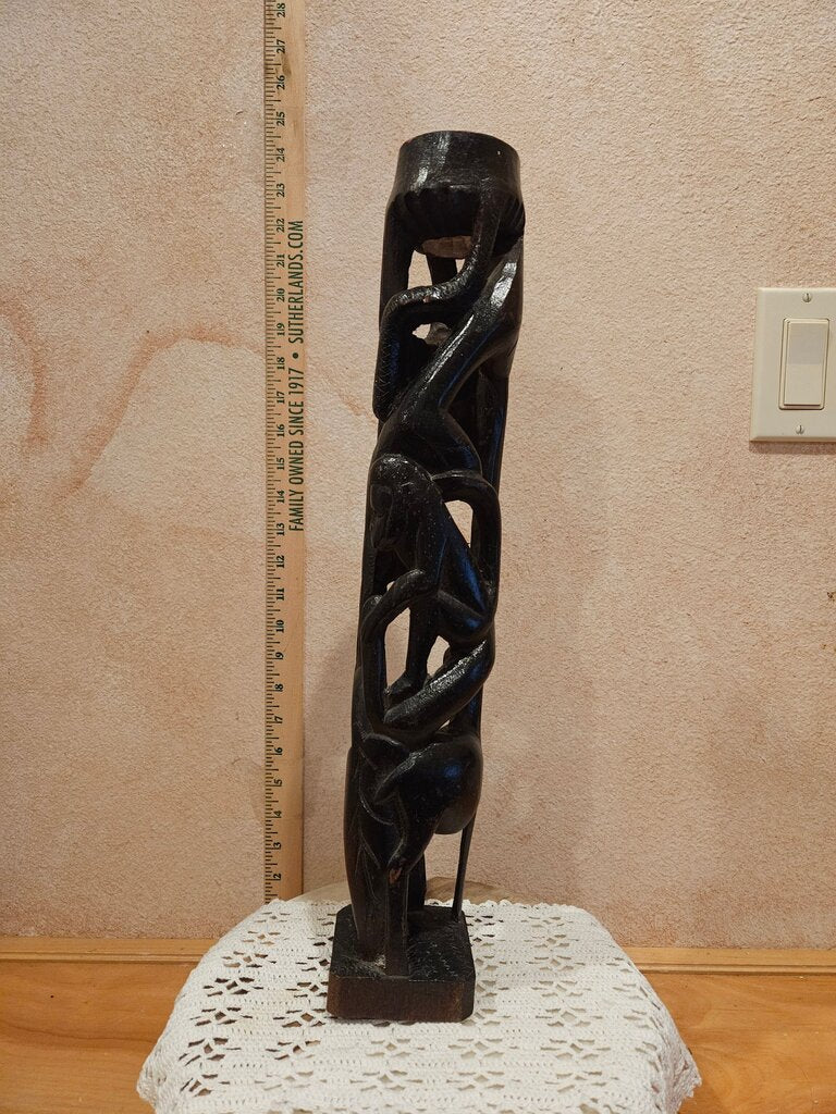 Vintage African Makonde Hand Carved Ebony Wood Tribal Folk Art Candle Holder Sculpture w Intricate Carving monkey snake