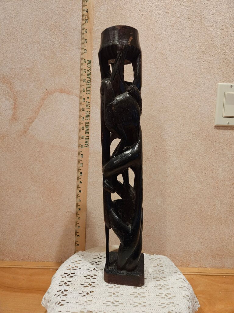 Vintage African Makonde Hand Carved Ebony Wood Tribal Folk Art Candle Holder Sculpture w Intricate Carving monkey snake