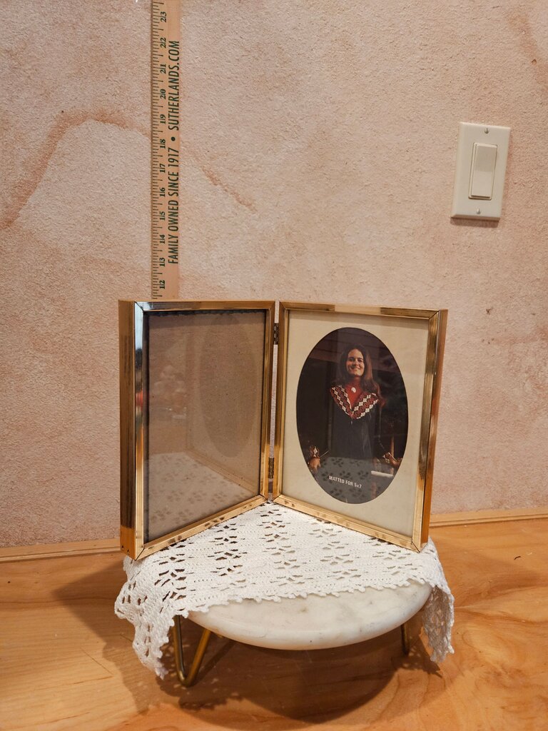Vintage Bright Polished Bifold Brass Double 1 w oval mount Mat Book Style Frames, Hanging Document Double Photo Frame