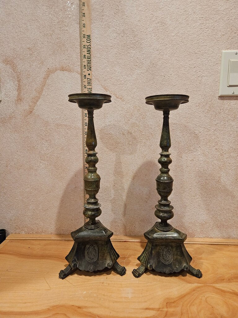 A Pair Of Antique Bronze Metal Italian Altar Style Footed Baroque Candle Holders Brutalist Rustic Mantel Decor