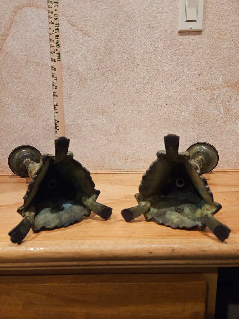 A Pair Of Antique Bronze Metal Italian Altar Style Footed Baroque Candle Holders Brutalist Rustic Mantel Decor