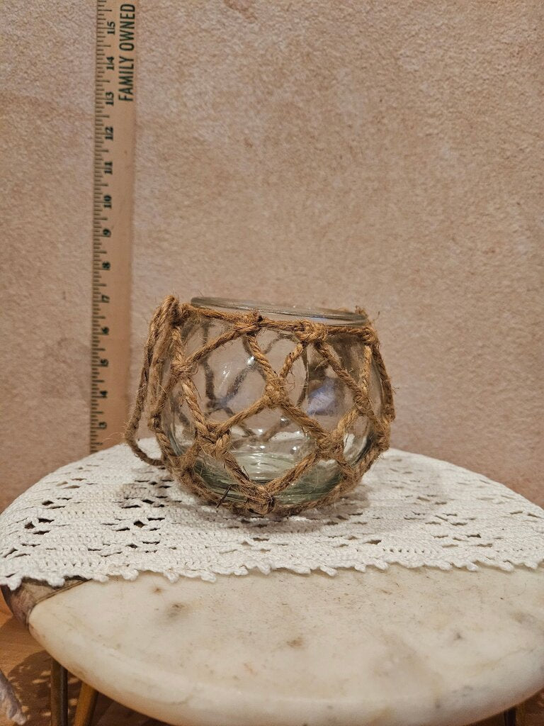 Nautical Handcrafted Glass Candle Holder / trinket dish / seashell display w Twine Wrap Ocean Beach Chic Farmhouse Decor
