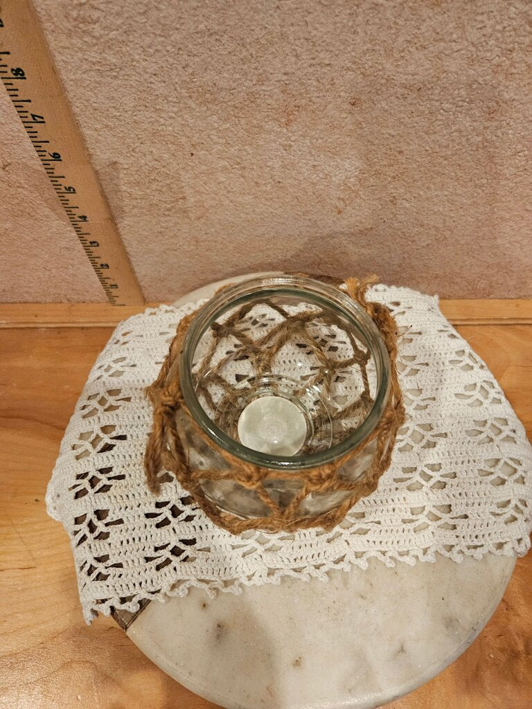 Nautical Handcrafted Glass Candle Holder / trinket dish / seashell display w Twine Wrap Ocean Beach Chic Farmhouse Decor