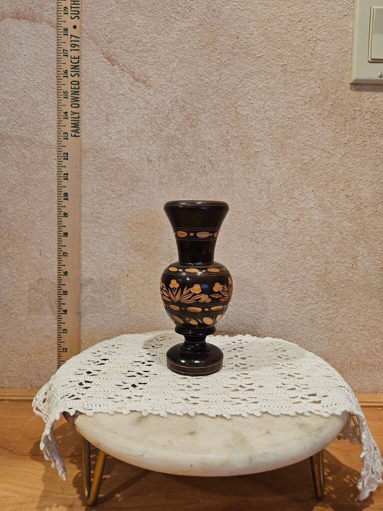 Vintage hand carved wooden dark on light relief embossed floral design pedestal wooden vase