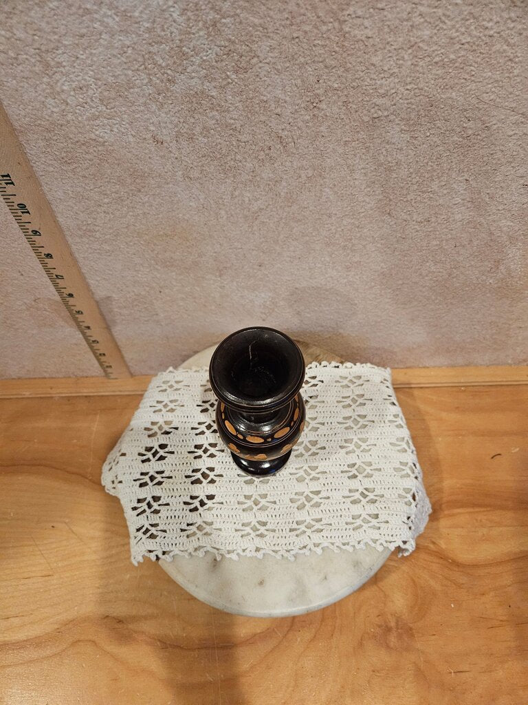 Vintage hand carved wooden dark on light relief embossed floral design pedestal wooden vase