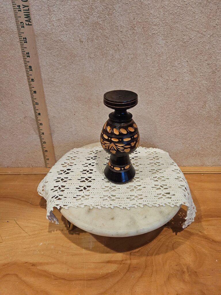 Vintage hand carved wooden dark on light relief embossed floral design pedestal wooden vase