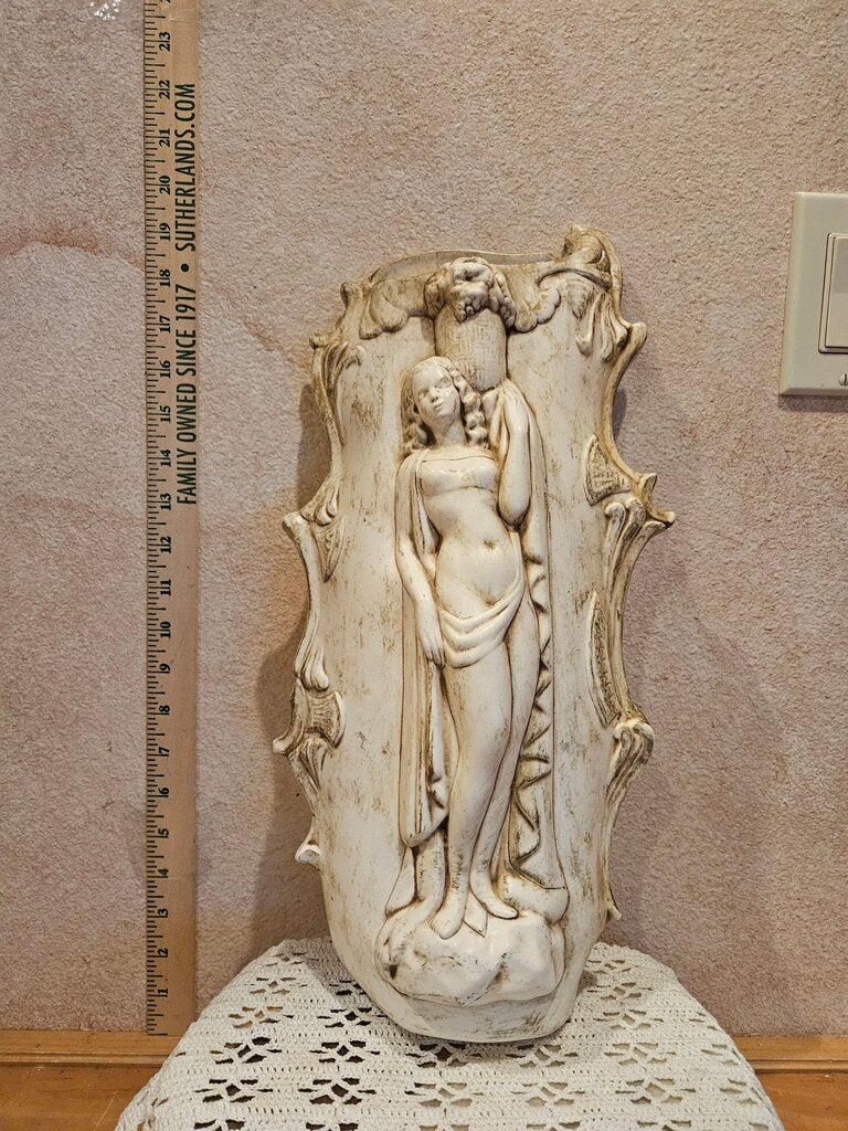 Unique Rare Vintage MCM Signed Aldora Ceramics Plaque Wall Pocket w Woman & Bird Design Greek Roman God