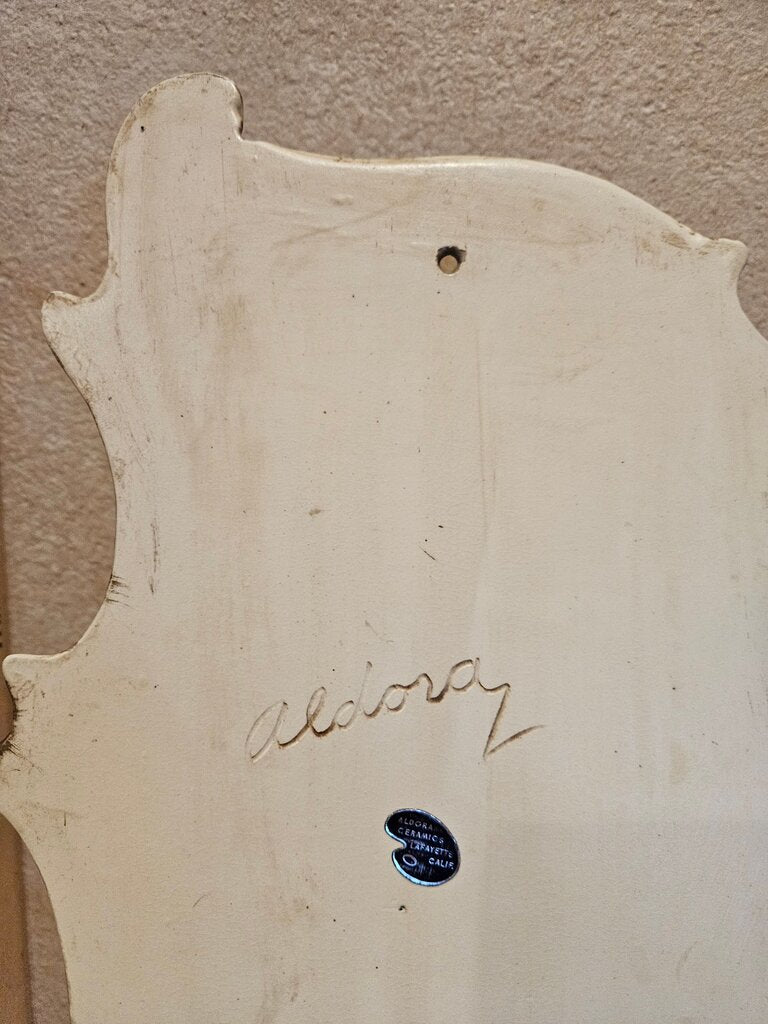 Unique Rare Vintage MCM Signed Aldora Ceramics Plaque Wall Pocket w Woman & Bird Design Greek Roman God