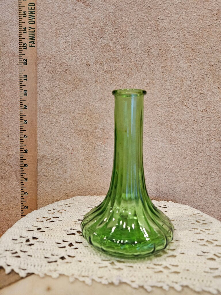 Vintage Bottle Green Genie Bottle Glass Bud Vase Ribbed Fluted Footed Flower Container