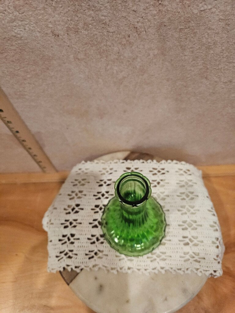 Vintage Bottle Green Genie Bottle Glass Bud Vase Ribbed Fluted Footed Flower Container